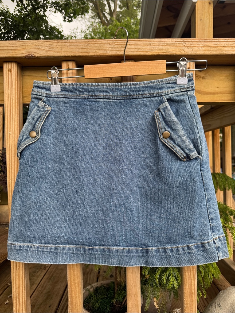 Copper Key Light Blue Denim Mini Skirt with Snapped Flap Pockets